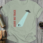 T-shirt with "LEAVE NO TRACE" and UFO abducting Bigfoot and alien.