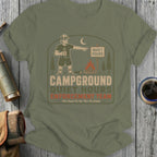 Olive green t-shirt with "Campground Quiet Hours Enforcement Team" text.