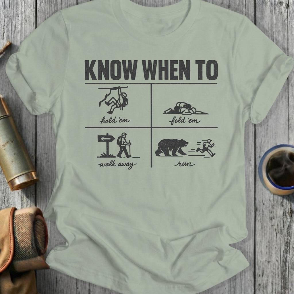 T-shirt with four panels: climbing, playing dead, walking away, and running from a bear.