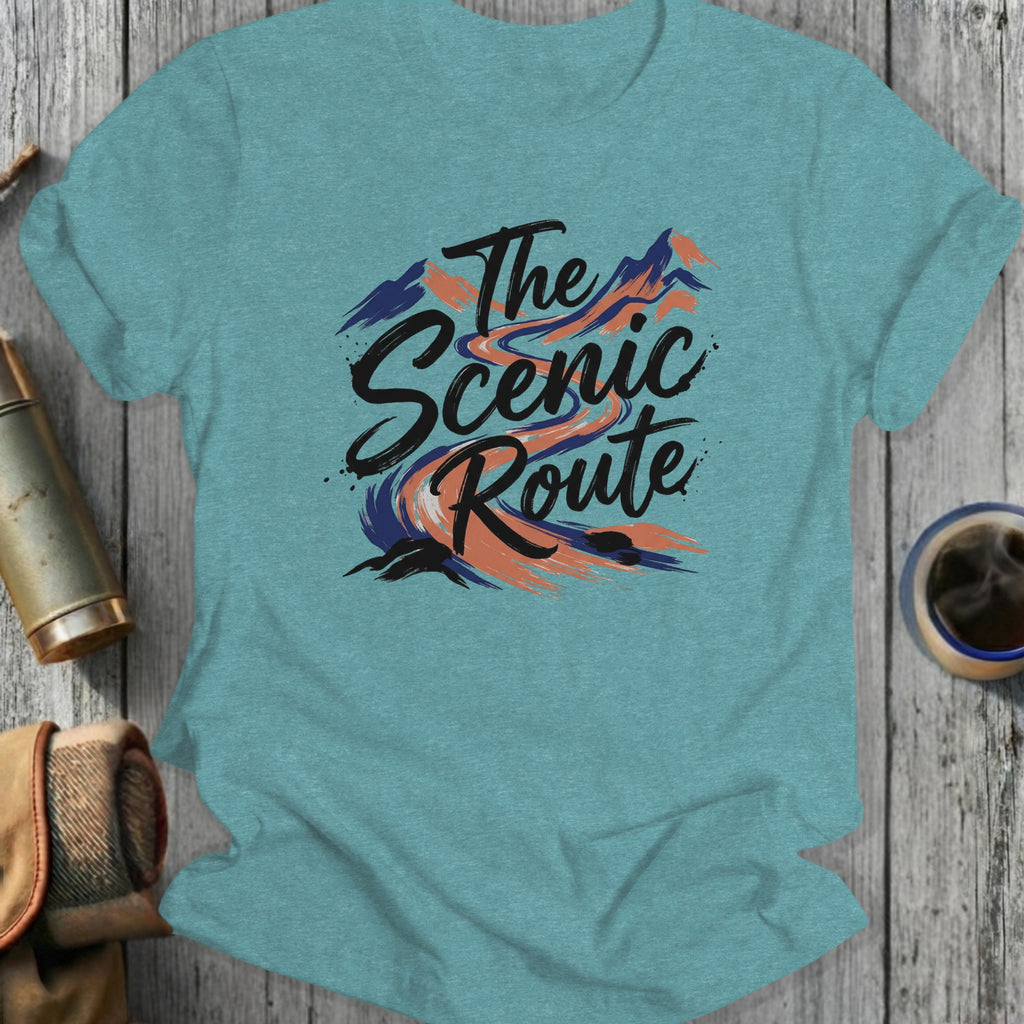 Teal t-shirt with "The Scenic Route" text and mountain graphic.