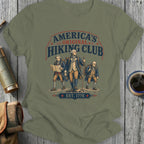 America's Original Hiking Club Est. 1776 t-shirt design with three figures.
