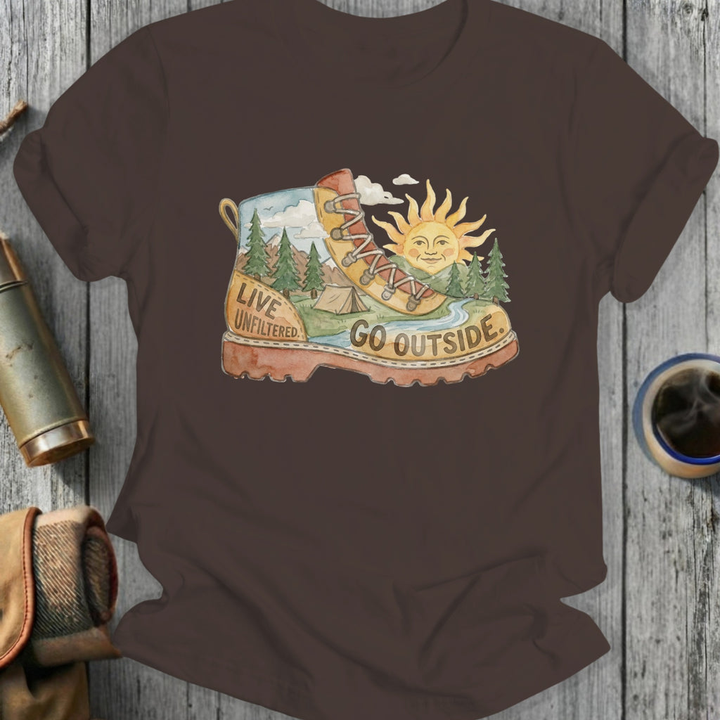 Brown t-shirt with a boot graphic featuring a landscape and the words "LIVE UNFILTERED. GO OUTSIDE."
