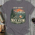 Skeleton sitting on a rock overlooking a mountain lake with text "DEAD INSIDE. NICE VIEW THOUGH."