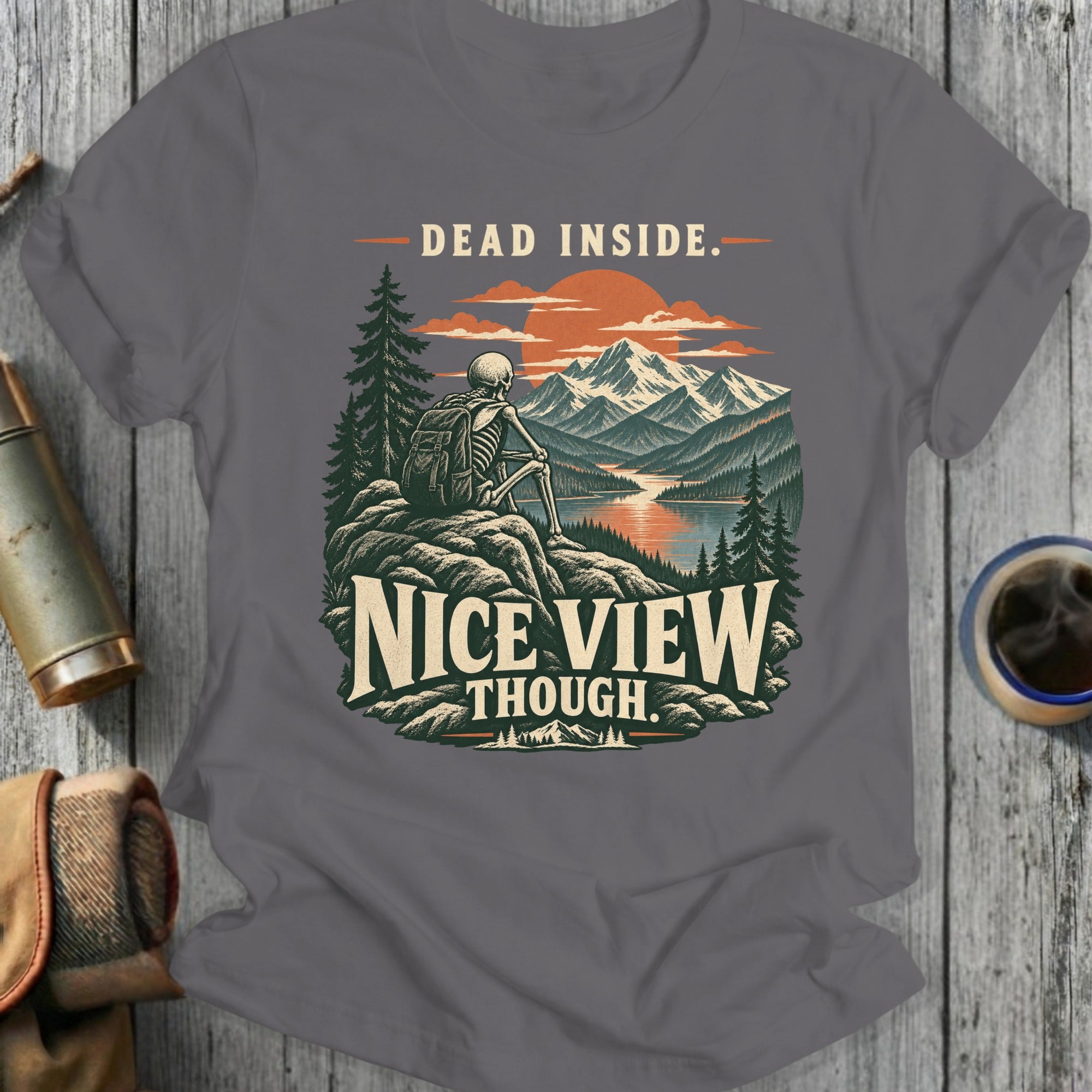 Skeleton sitting on a rock overlooking a mountain lake with text "DEAD INSIDE. NICE VIEW THOUGH."