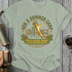 T-shirt with "Gen X Summer Camp: First Degree Burns & No Supervision" graphic.