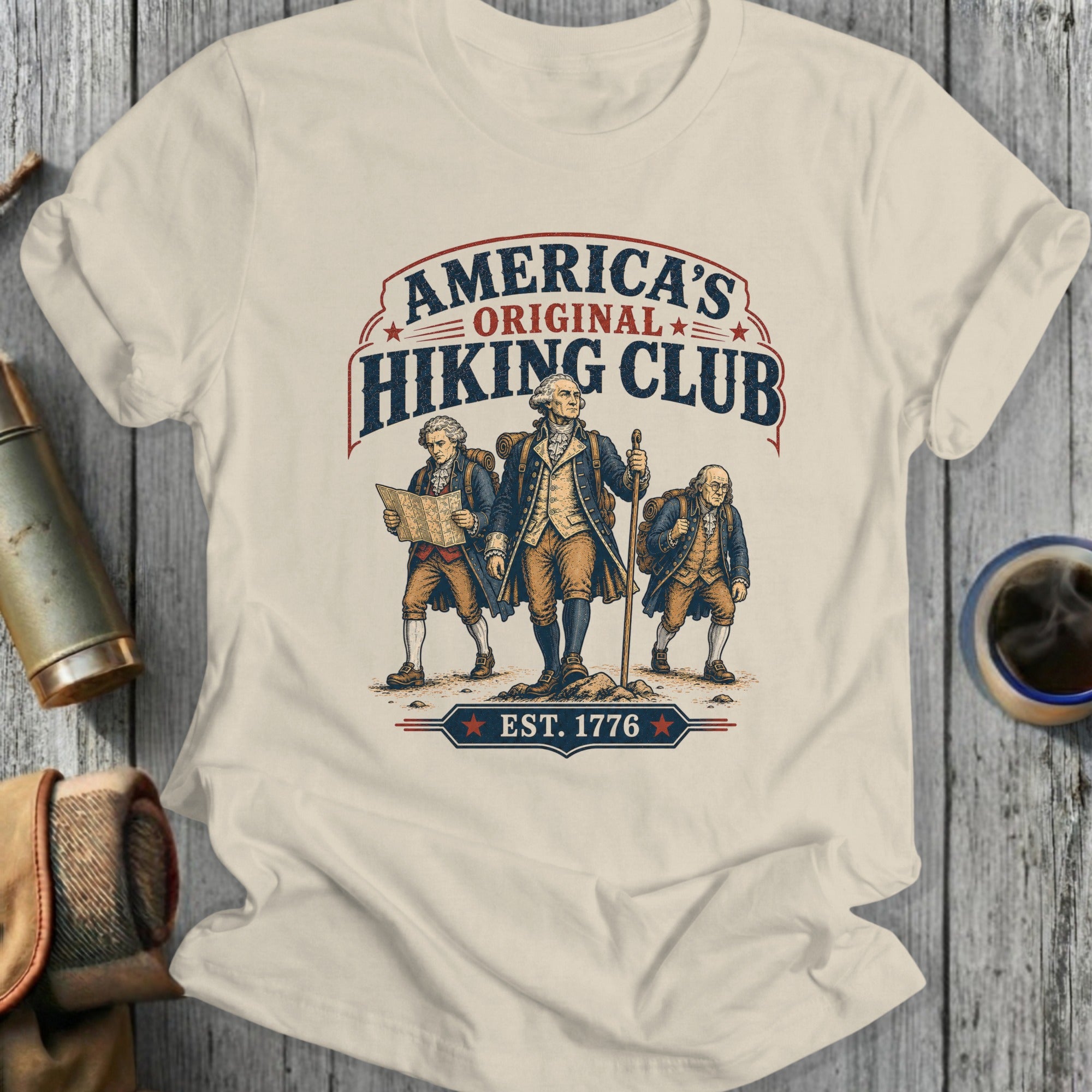 America's Hiking Club Est. 1776 vintage t-shirt graphic.