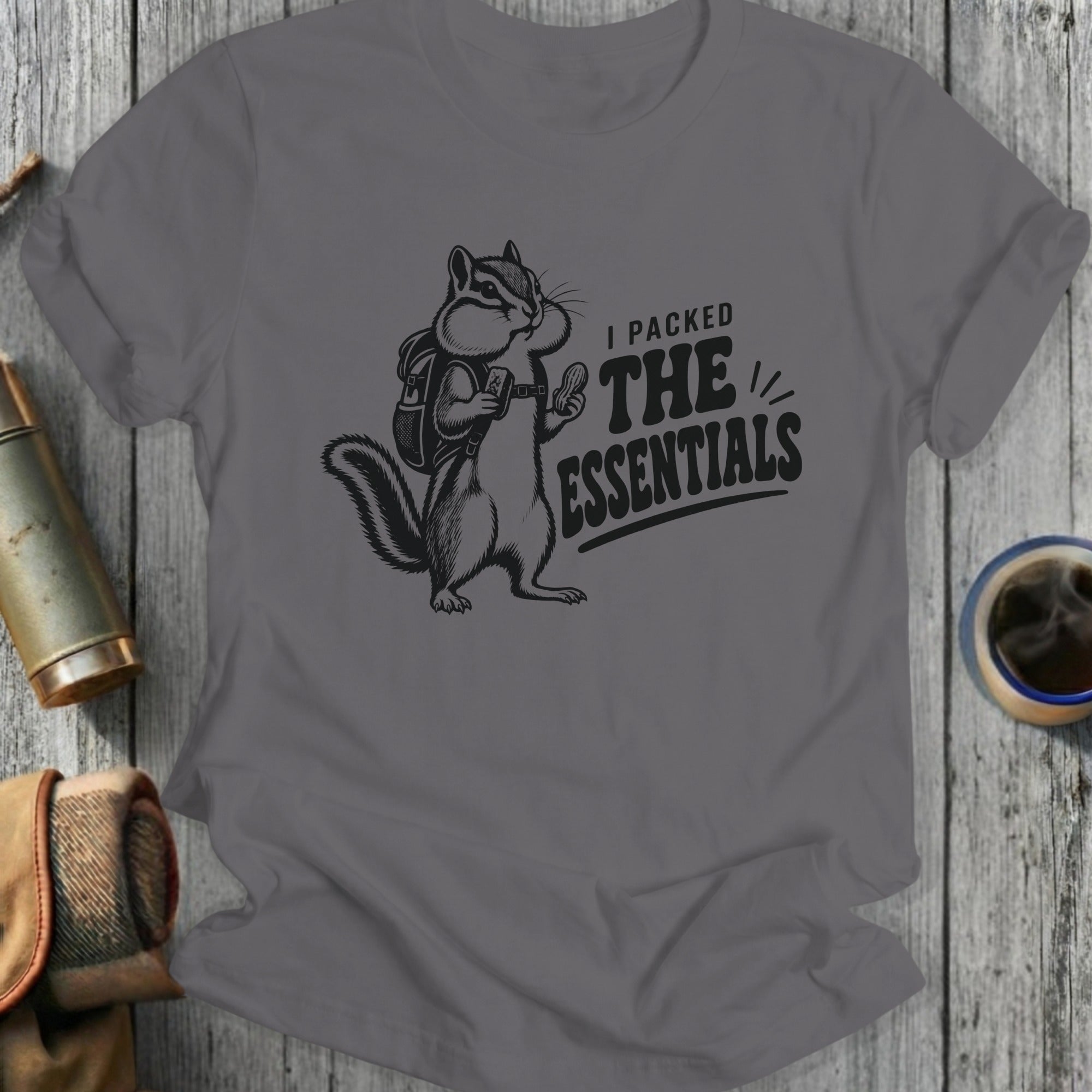 Chipmunk with backpack and peanut, text "I packed the essentials"