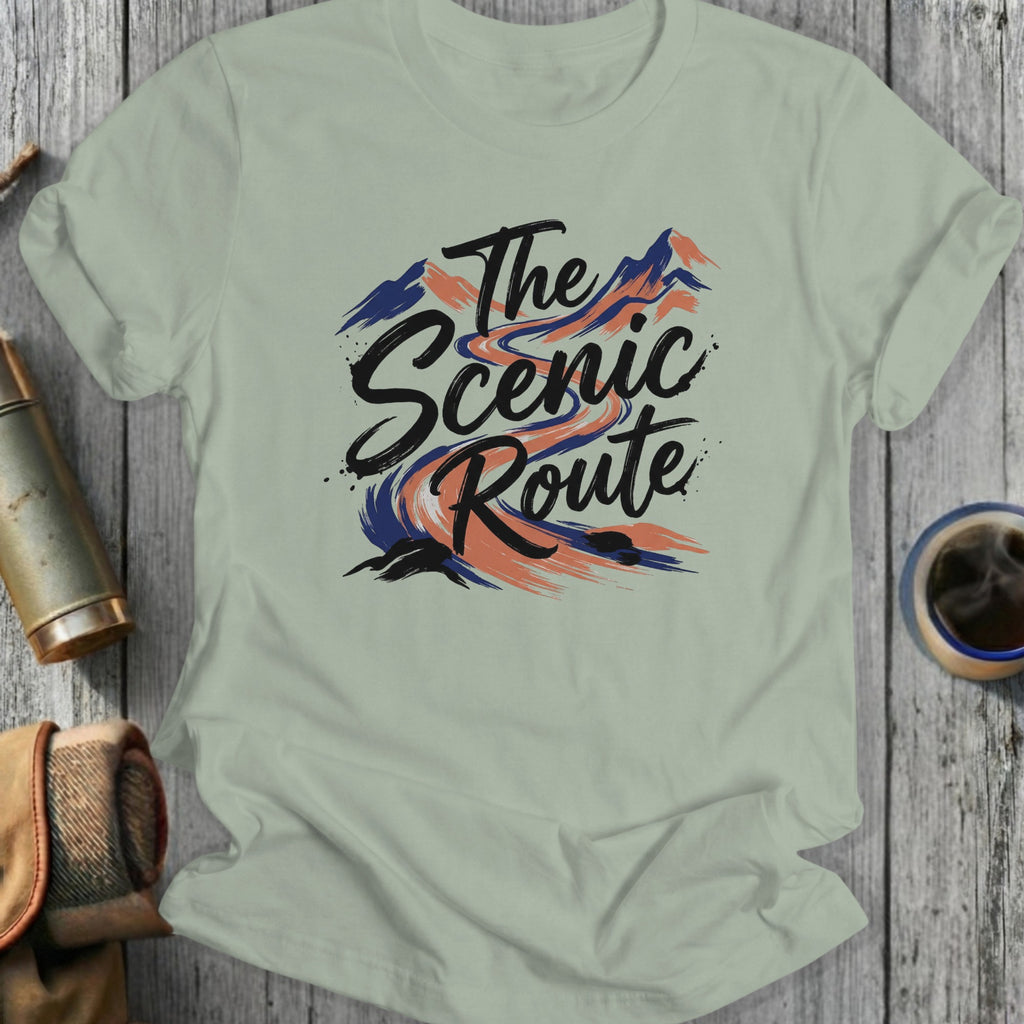 T-shirt with "The Scenic Route" text and mountain illustration.