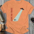 Orange t-shirt with UFO beaming down on Bigfoot and alien.