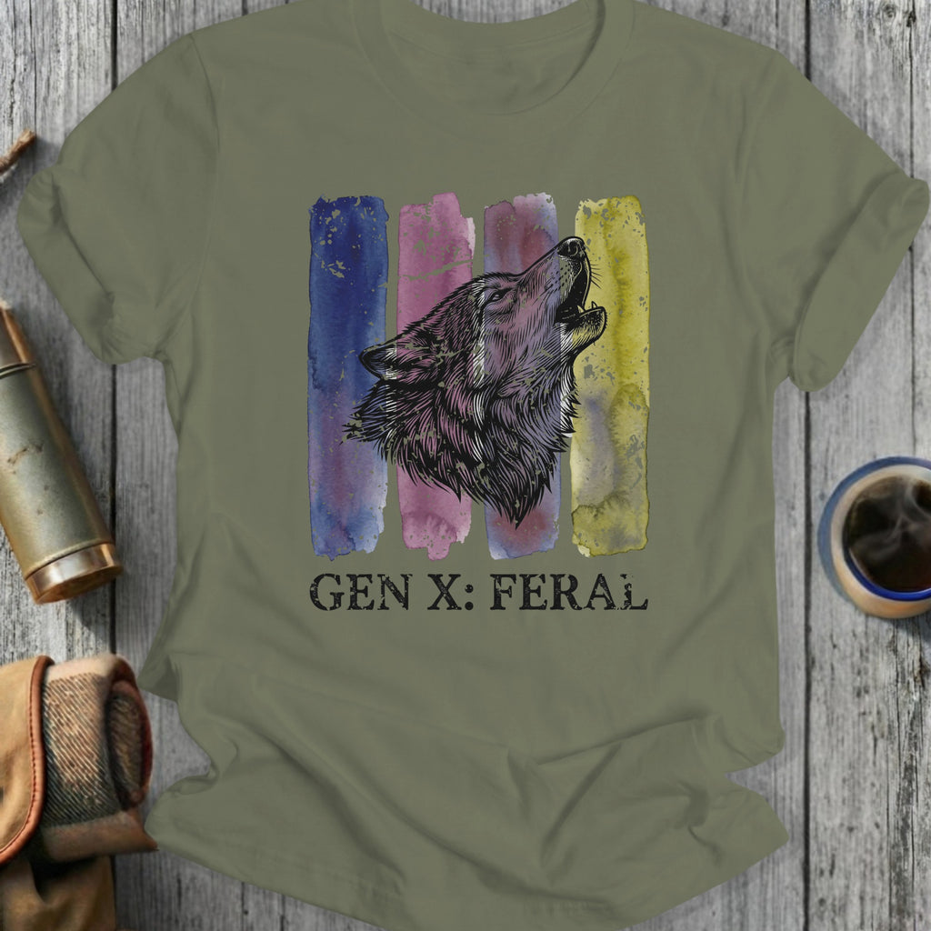 Olive green t-shirt with a wolf head and colorful watercolor stripes, reads "GEN X: FERAL".