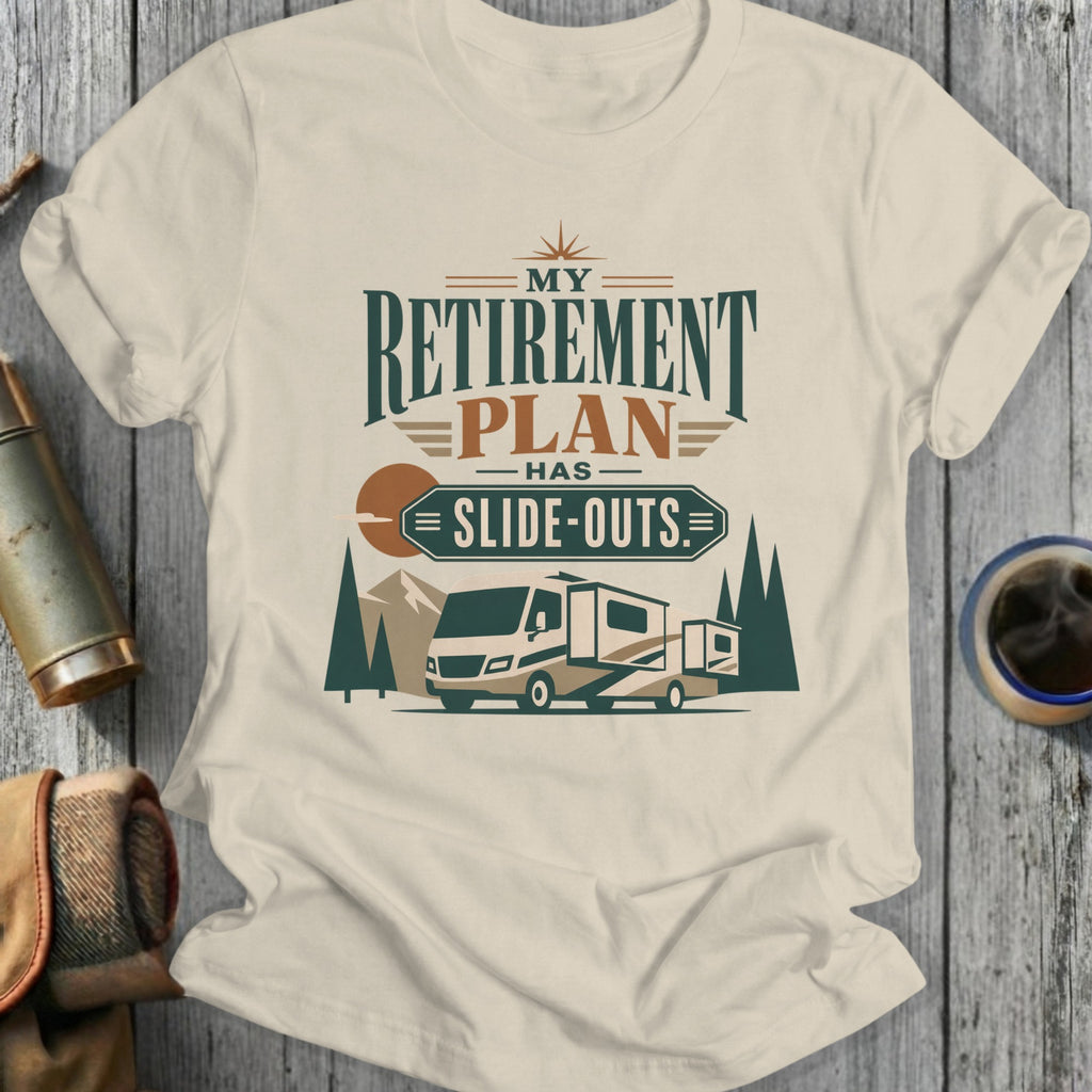 T-shirt with "My Retirement Has Slide-Outs" text and RV graphic.