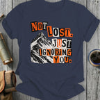 Navy t-shirt with "Not Lost. Just Ignoring You." text over mountain graphic.