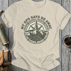 Cream t-shirt with a compass and mountain graphic, text "MY GPS SAYS GO AWAY."