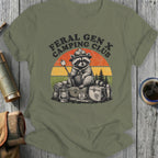 Feral Gen X Camping Club raccoon with marshmallow, vintage sunset design.