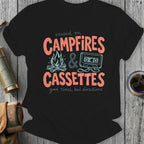 Black t-shirt with "Raised on Campfires & Cassettes good times, bad directions" text.