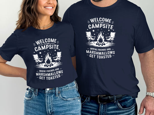 Funny camping tshirt with marshmallow campfire design and ‘Get Toasted’ slogan – perfect gift for RVers, campers, and outdoor party lovers.