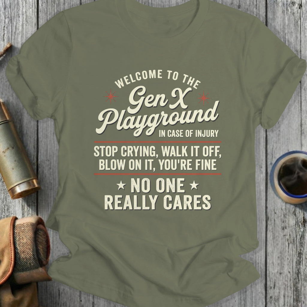 Olive green t-shirt with "Welcome to the Gen X Playground" text.
