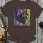 Brown t-shirt with watercolor wolf head above "GEN X: FERAL" text.