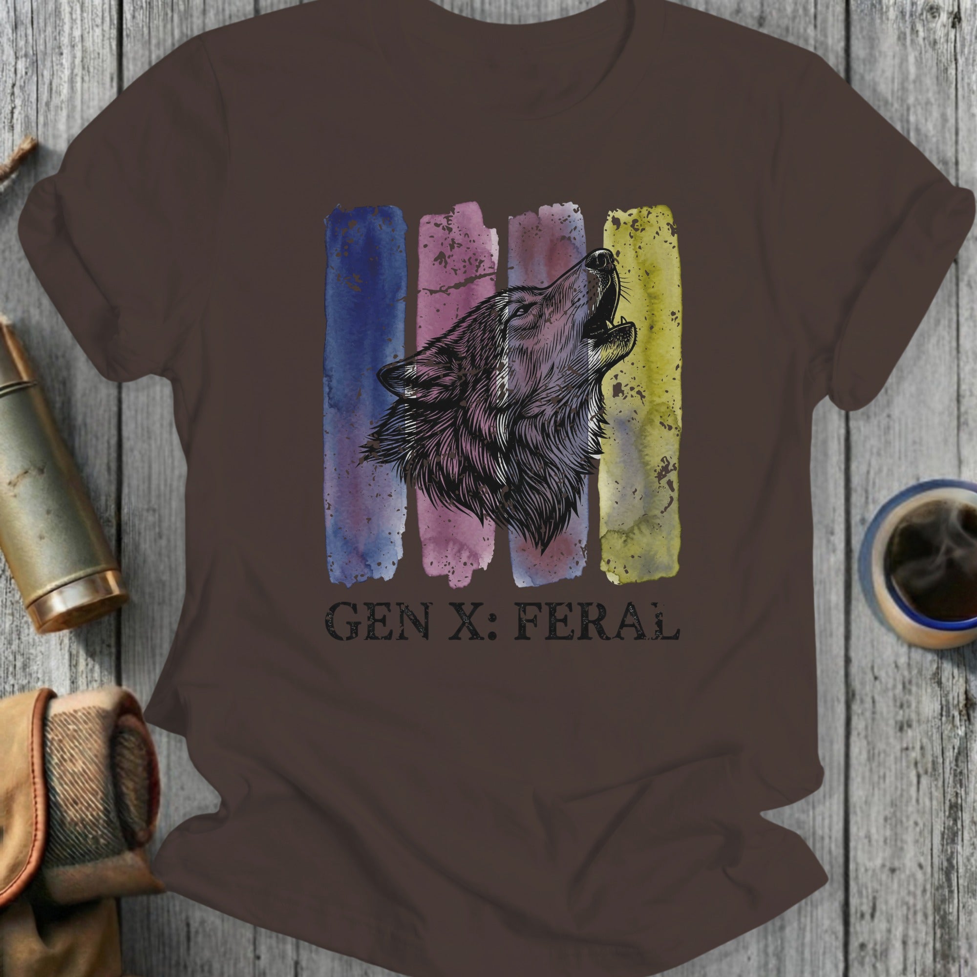Brown t-shirt with watercolor wolf head above "GEN X: FERAL" text.