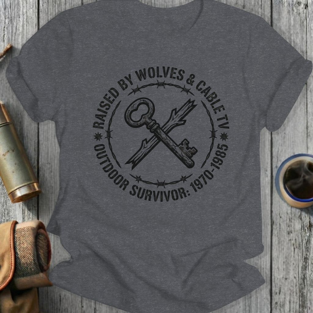Dark gray t-shirt with "Raised by Wolves & Cable TV Outdoor Survivor: 1970-1985" and a key graphic.