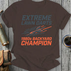 Brown t-shirt with "EXTREME LAWN DARTS 1980s BACKYARD CHAMPION" text and graphic.