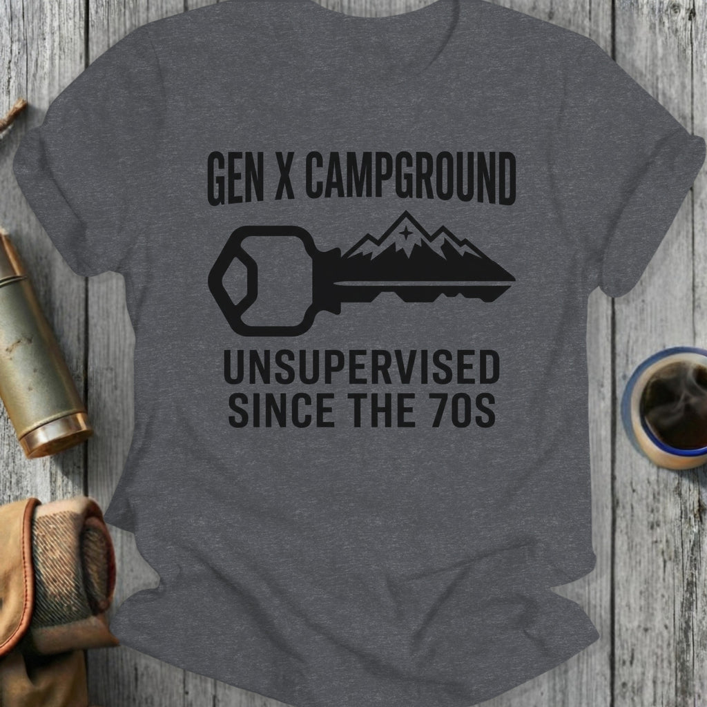 T-shirt with "Gen X Campground Unsupervised Since the 70s" and a key graphic.