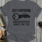 T-shirt with "Gen X Campground Unsupervised Since the 70s" and a key graphic.