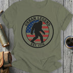T-shirt with Urban Legend Bigfoot logo and US flag.