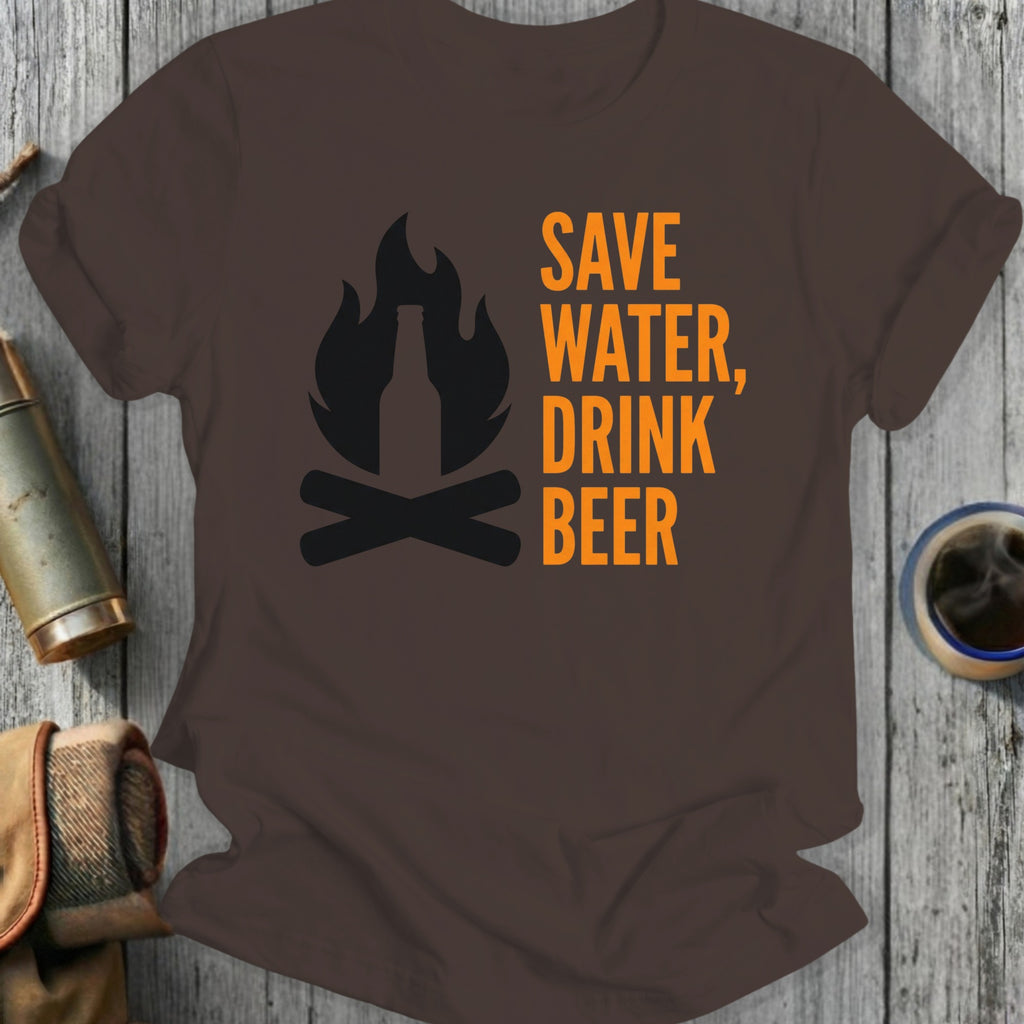 Brown t-shirt with "Save Water, Drink Beer" text and campfire graphic.