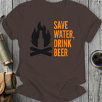 Brown t-shirt with "Save Water, Drink Beer" text and campfire graphic.