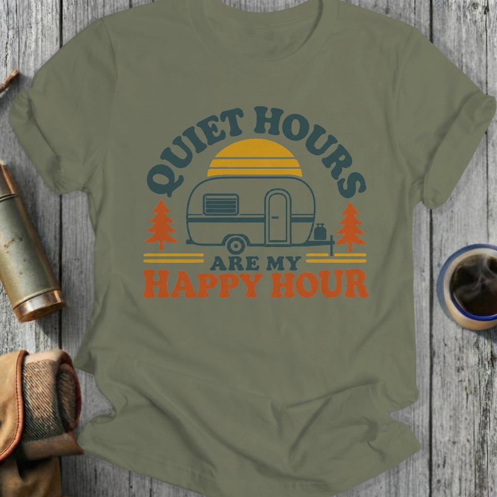 Olive green t-shirt with RV graphic and text "Quiet Hours Are My Happy Hour".