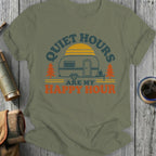 Olive green t-shirt with RV graphic and text "Quiet Hours Are My Happy Hour".