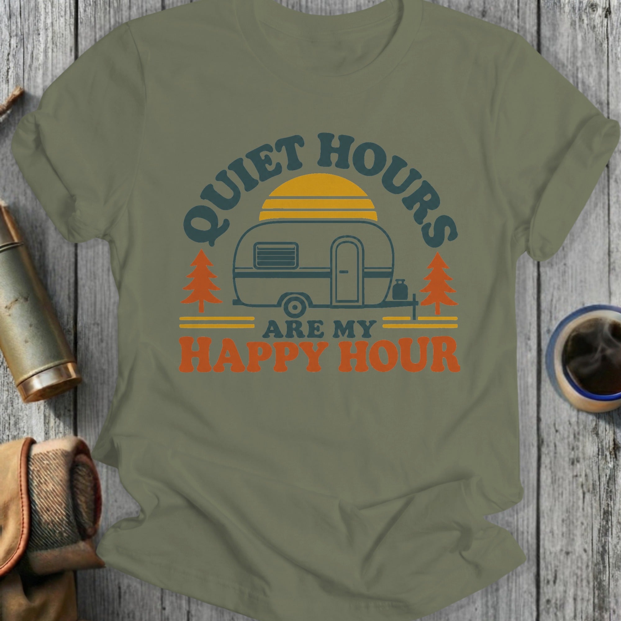 Olive green t-shirt with RV graphic and text "Quiet Hours Are My Happy Hour".