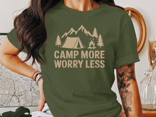 Camp More Worry Less graphic tee with mountain and campfire design – funny outdoor gift for camping and hiking lovers