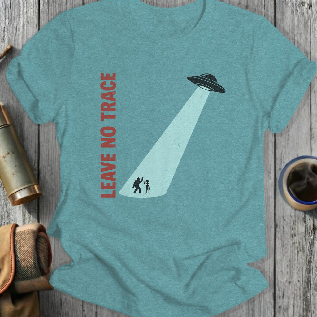 T-shirt graphic with UFO beaming up Bigfoot and an alien, "LEAVE NO TRACE" text.