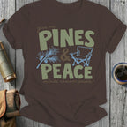 T-shirt with "give me PINES & PEACE, outside whenever possible" text.