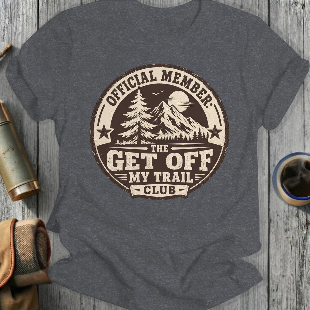 Official Member The Get Off My Trail Club emblem with mountains and trees.