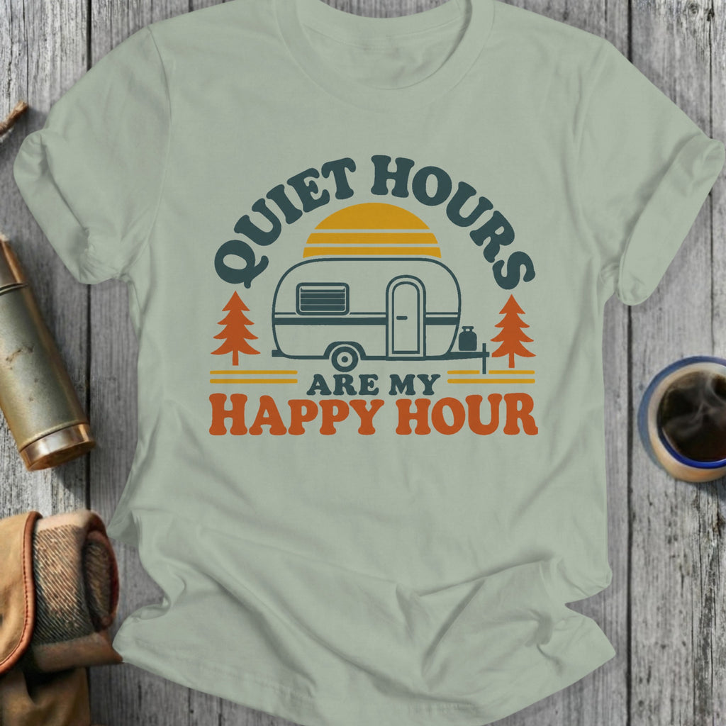 T-shirt with "Quiet Hours Are My Happy Hour" text and vintage camper graphic.