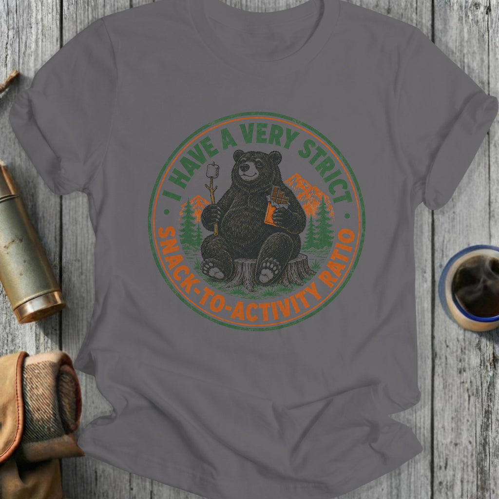 Bear with snack on tree stump with text "I HAVE A VERY STRICT SNACK-TO-ACTIVITY RATIO"