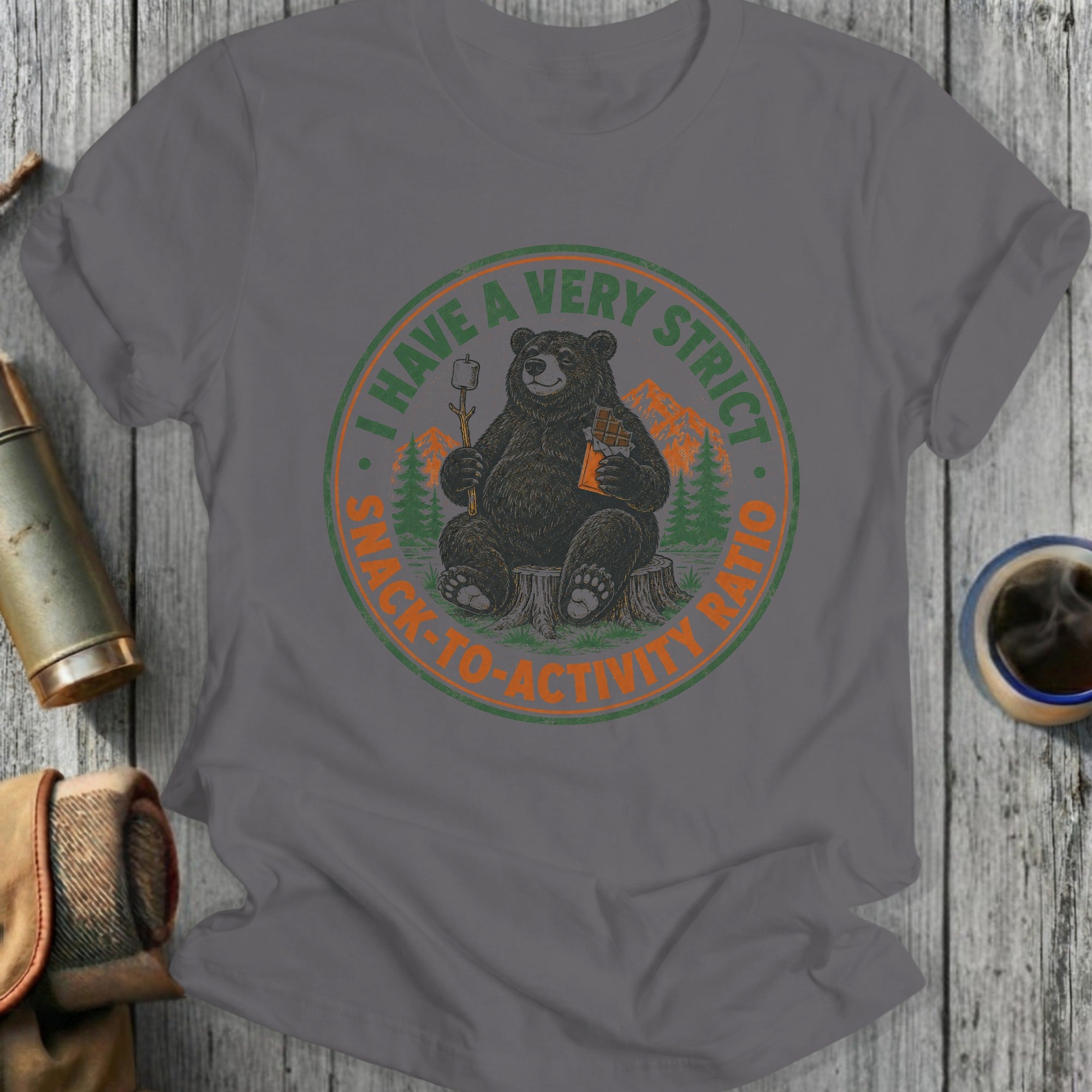 Bear with snack on tree stump with text "I HAVE A VERY STRICT SNACK-TO-ACTIVITY RATIO"