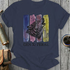 Dark navy t-shirt with watercolor wolf head and "GEN X: FERAL" text.