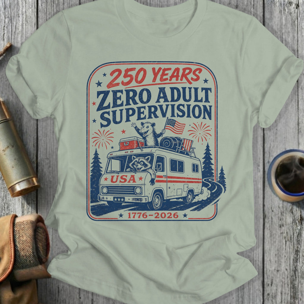 Raccoon in RV on highway with "250 Years Zero Adult Supervision" text.