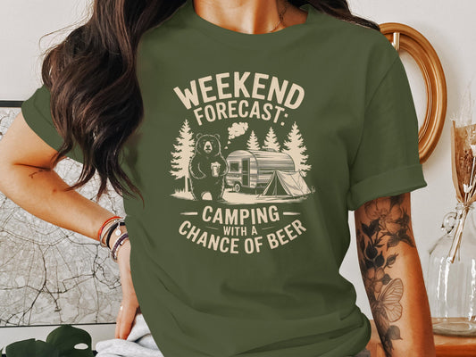 Funny camping bear graphic tee with beer and camper scene – gift for beer lovers and outdoor adventurers
