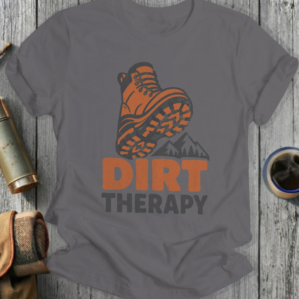 Orange hiking boot graphic with "DIRT THERAPY" text on a gray t-shirt.