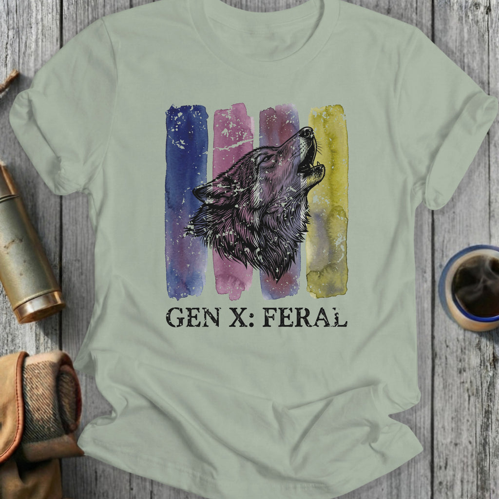 T-shirt with a wolf head over watercolor stripes and text "GEN X: FERAL".