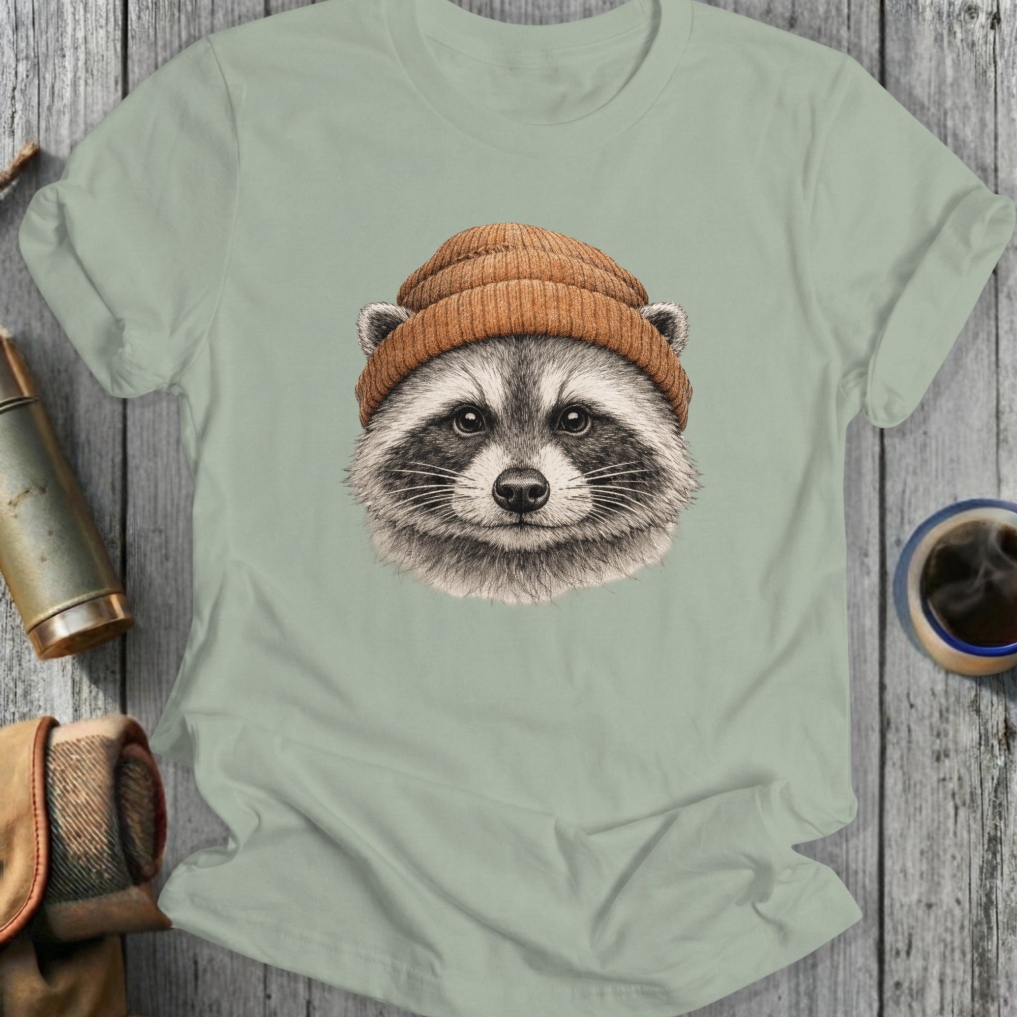 Cute Raccoon Wearing Orange Beanie T-shirt Product