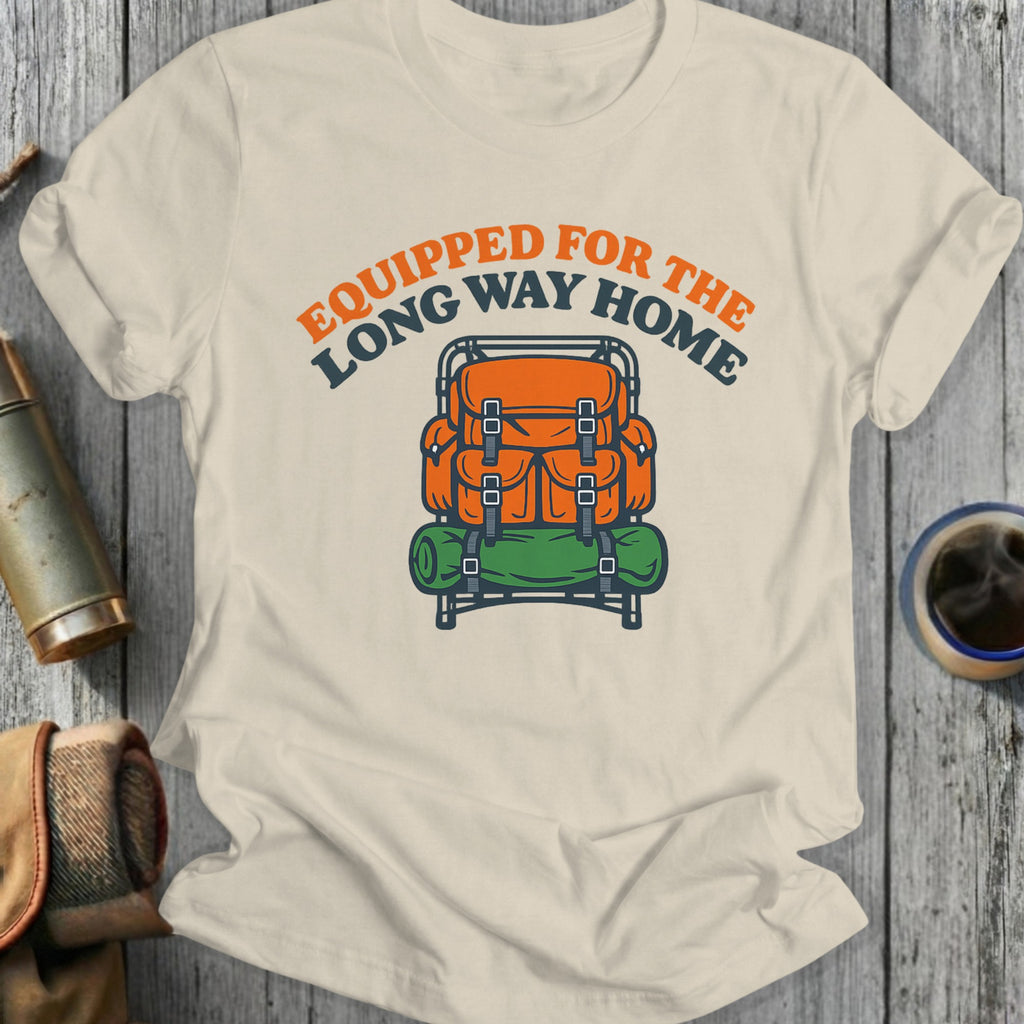 Orange backpack with rolled sleeping bag, text "Equipped for the long way home".