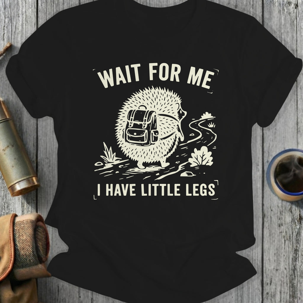 Hedgehog wearing a backpack, text reads "Wait for me, I have little legs."