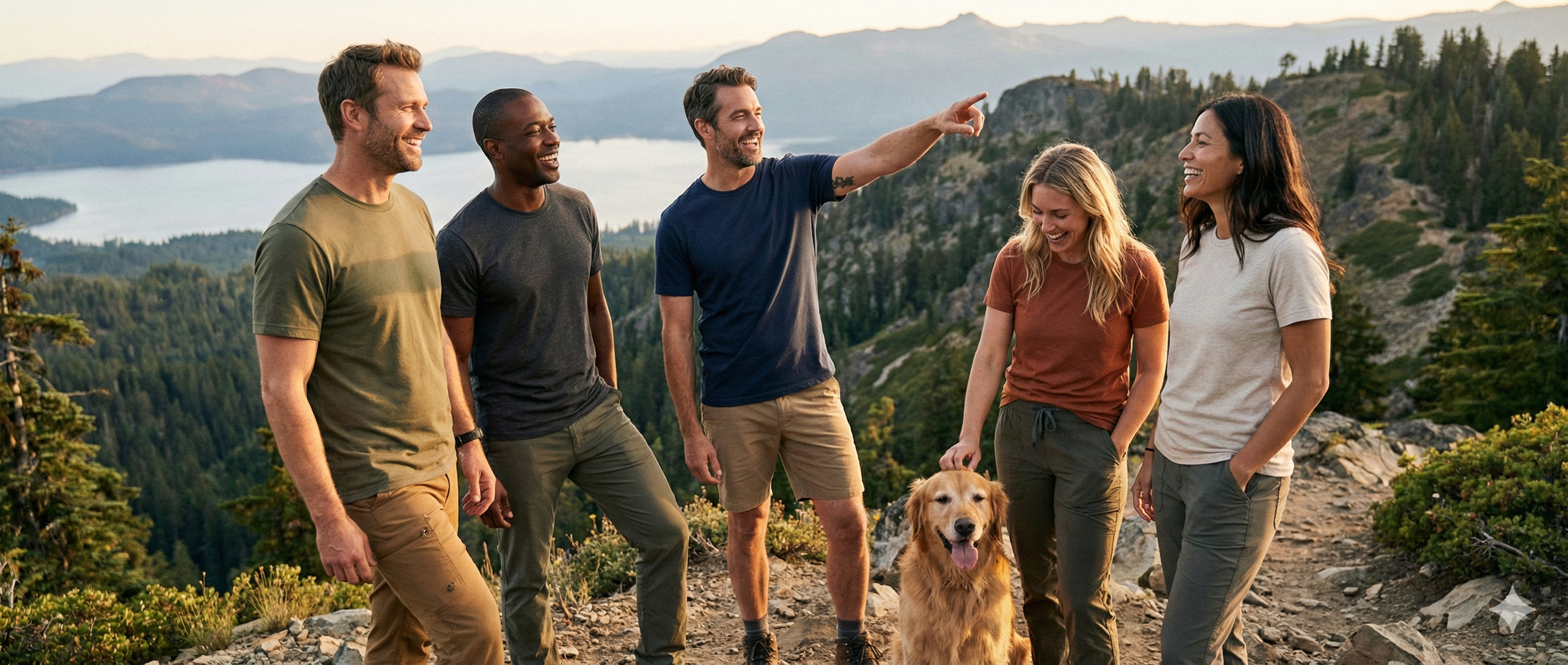 Group of five people with a dog on a mountain trail