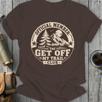 T-shirt with "OFFICIAL MEMBER: THE GET OFF MY TRAIL CLUB" text and mountain graphic.